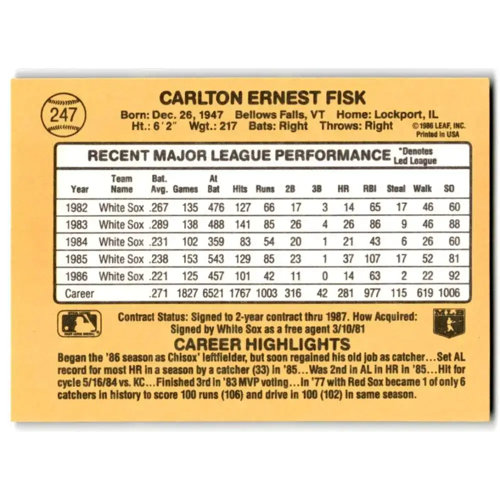 1987 Donruss #247 Carlton Fisk EX Excellent Chicago White Sox Baseball Card - Baseball Card Single