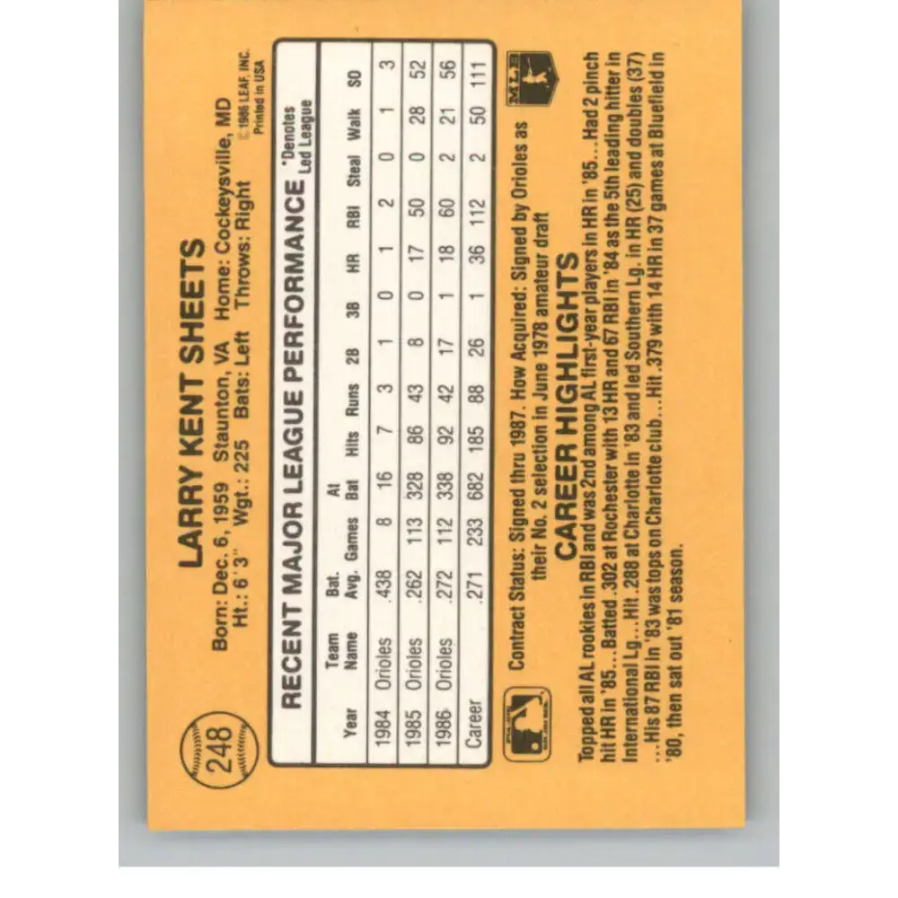 1987 Donruss #248 Larry Sheets EX Excellent Baltimore Orioles Baseball Card - Baseball Card Single