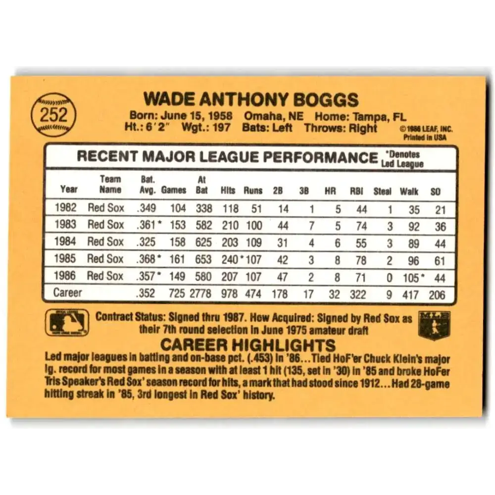 1987 Donruss #252 Wade Boggs EX Excellent Boston Red Sox Baseball Card - Baseball Card Single