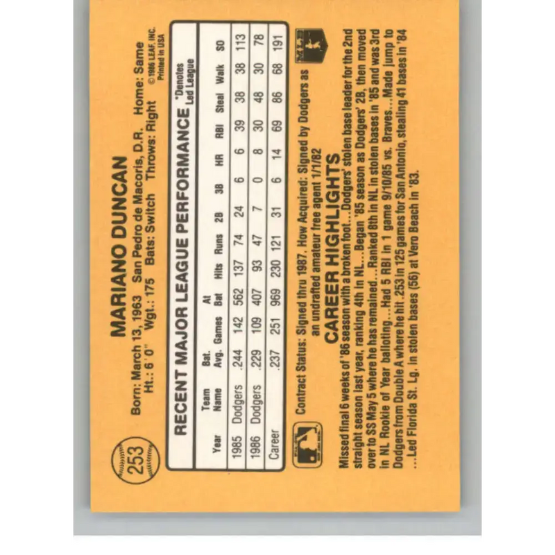 1987 Donruss #253 Mariano Duncan EX Excellent Los Angeles Dodgers Baseball Card - Baseball Card Single