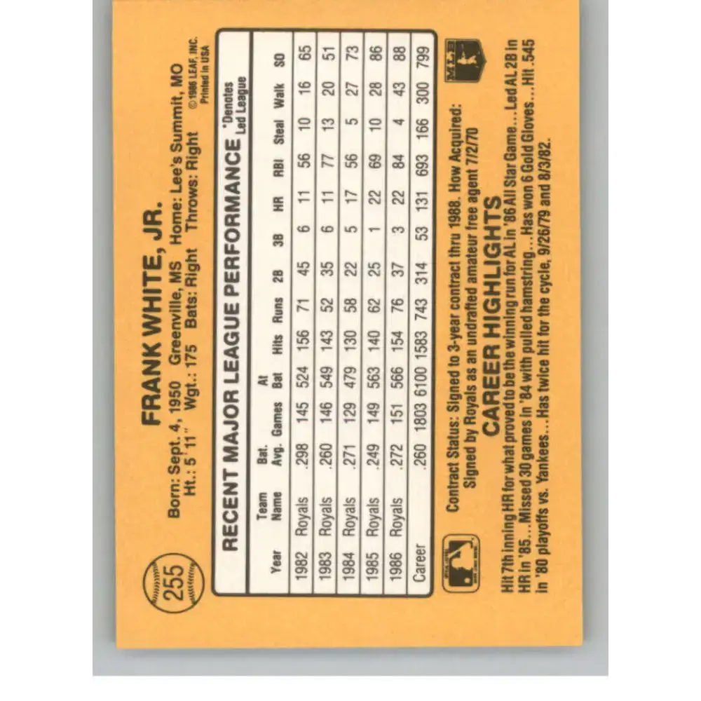 1987 Donruss #255 Frank White EX Excellent Kansas City Royals Baseball Card - Baseball Card Single