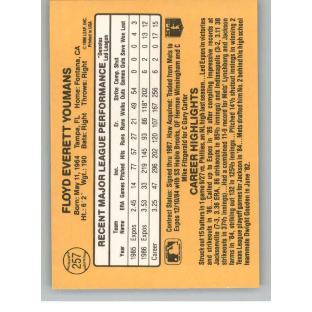 1987 Donruss #257 Floyd Youmans EX Excellent Montreal Expos Baseball Card - Baseball Card Single