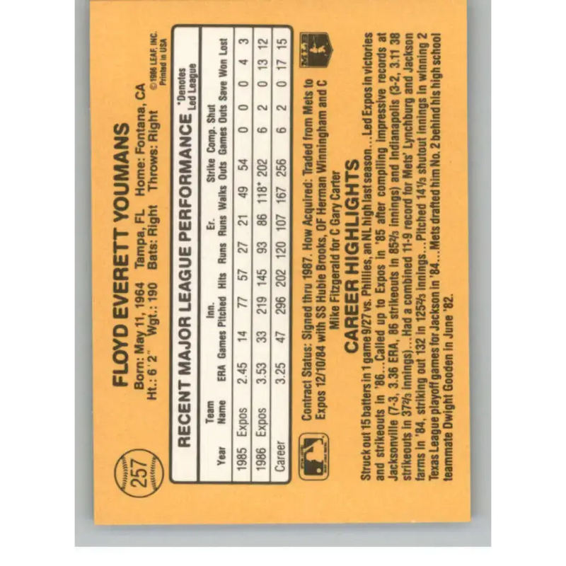 1987 Donruss #257 Floyd Youmans EX Excellent Montreal Expos Baseball Card - Baseball Card Single