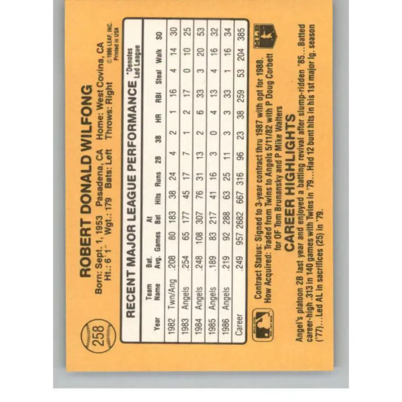 1987 Donruss #258 Rob Wilfong EX Excellent California Angels Baseball Card - Baseball Card Single