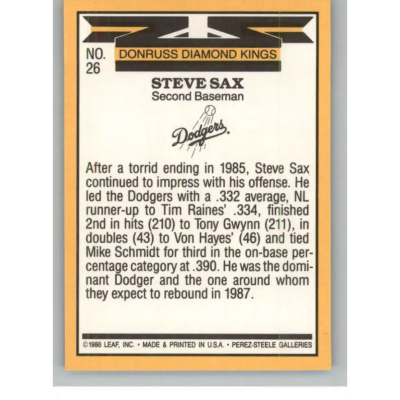1987 Donruss #26 Steve Sax EX Excellent Los Angeles Dodgers Baseball Card - Baseball Card Single