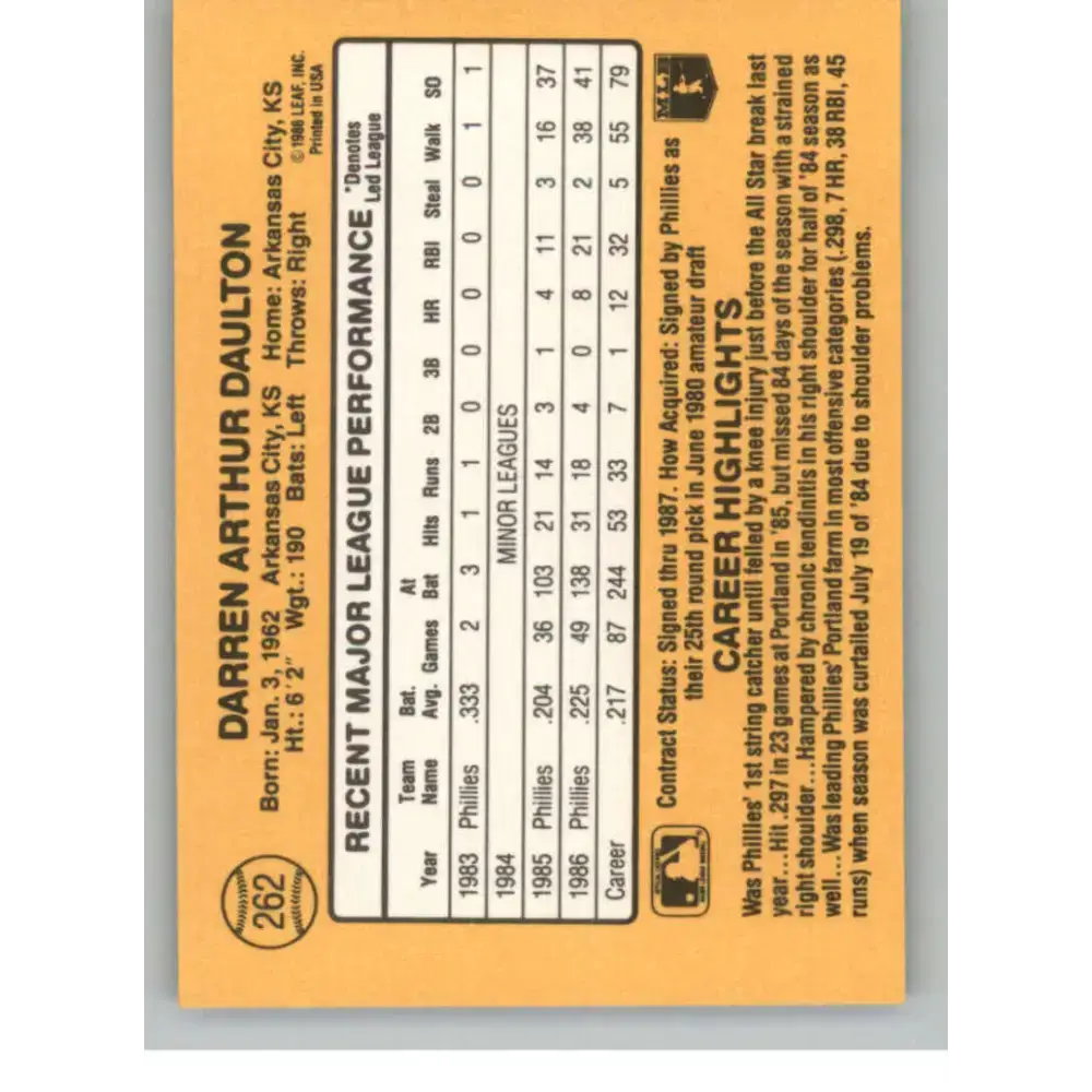 1987 Donruss #262 Darren Daulton EX Excellent Philadelphia Phillies Baseball Card - Baseball Card Single