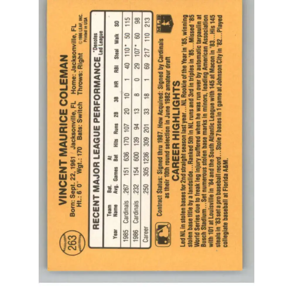 1987 Donruss #263 Vince Coleman EX Excellent St. Louis Cardinals Baseball Card - Baseball Card Single