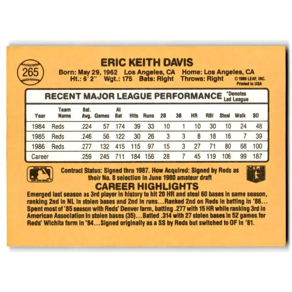 1987 Donruss #265 Eric Davis EX Excellent Cincinnati Reds Baseball Card - Baseball Card Single