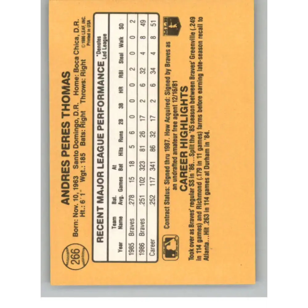1987 Donruss #266 Andres Thomas EX Excellent Atlanta Braves Baseball Card - Baseball Card Single