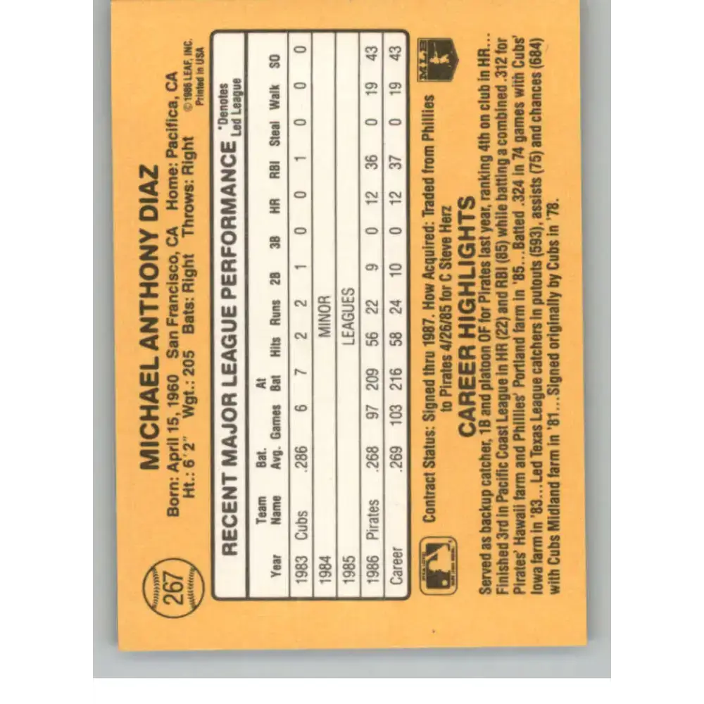 1987 Donruss #267 Mike Diaz EX Excellent RC Rookie Pittsburgh Pirates Baseball Card - Baseball Card Single