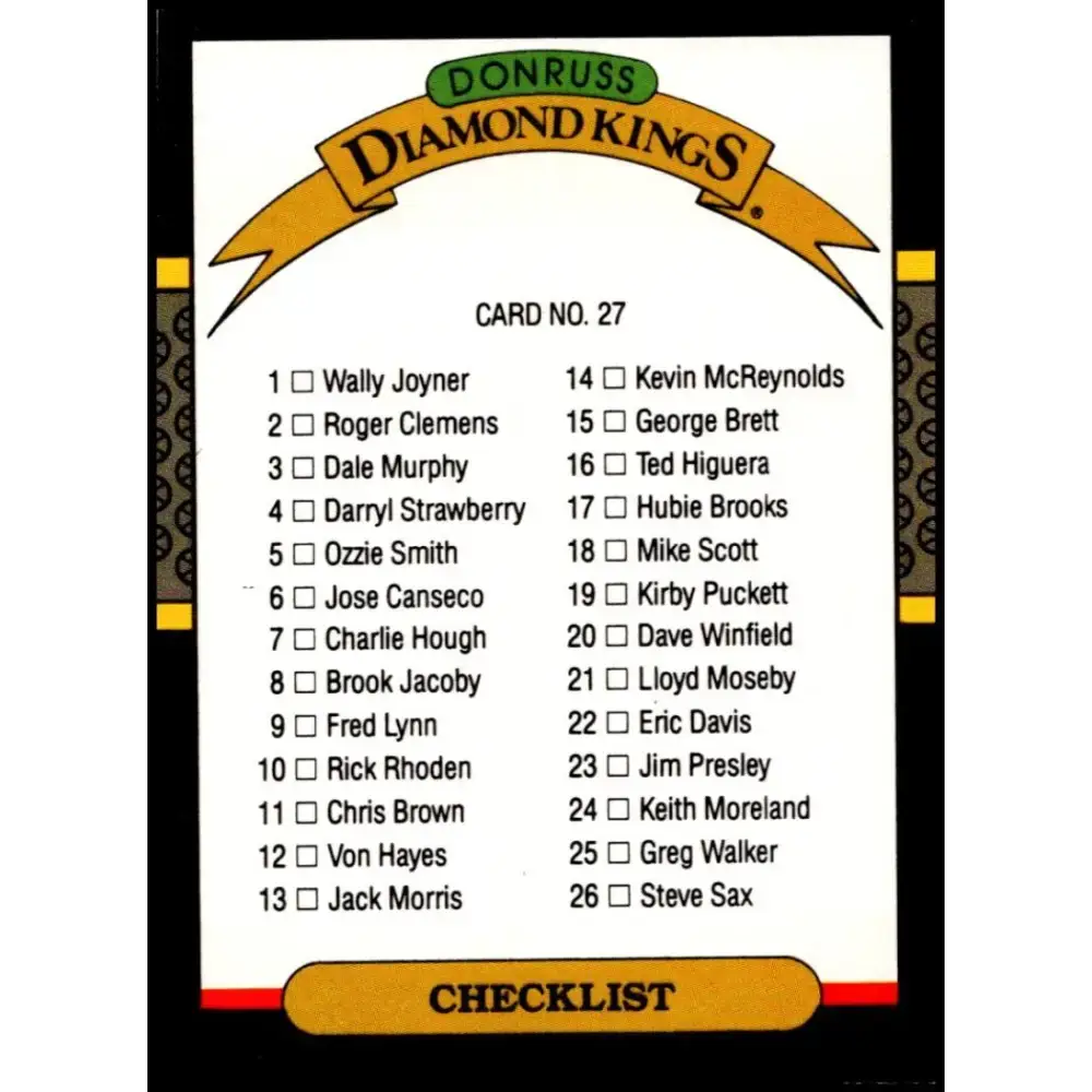 1987 Donruss #27 Diamond Kings Checklist 1-26 EX Excellent Baseball Card - Baseball Card Single