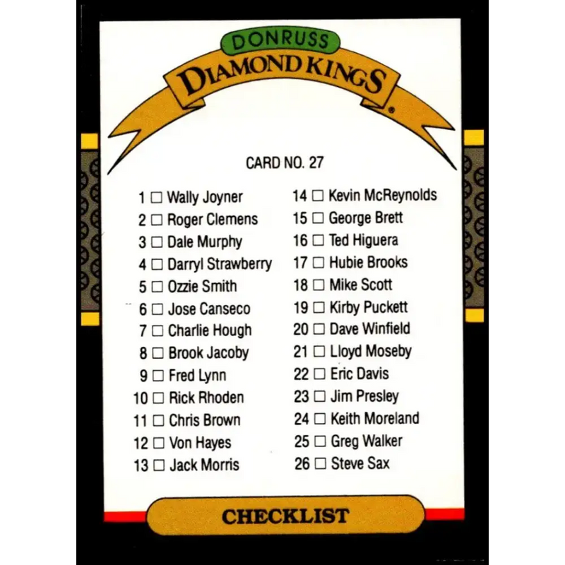 1987 Donruss #27 Diamond Kings Checklist 1-26 EX Excellent Baseball Card - Baseball Card Single