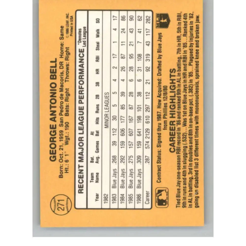 1987 Donruss #271 George Bell EX Excellent Toronto Blue Jays Baseball Card - Baseball Card Single