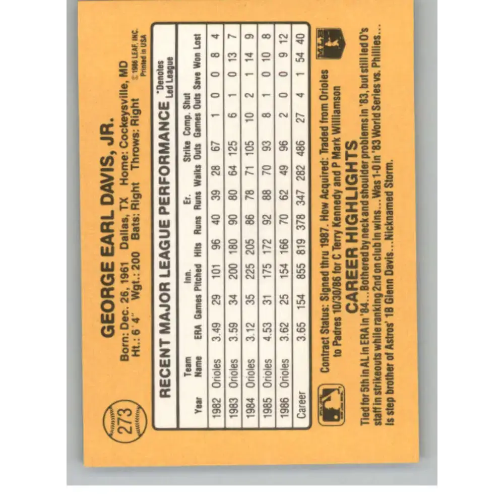 1987 Donruss #273 Storm Davis EX Excellent Baltimore Orioles Baseball Card