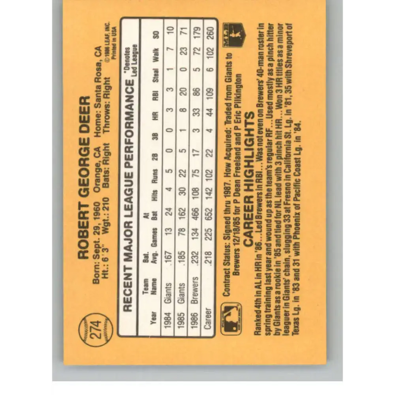 1987 Donruss #274 Rob Deer EX Excellent Milwaukee Brewers Baseball Card - Baseball Card Single