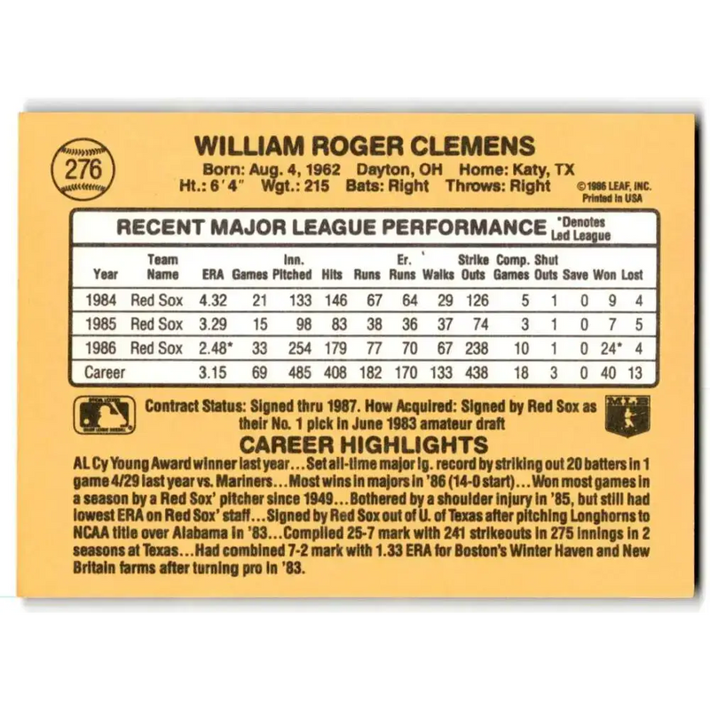 1987 Donruss #276 Roger Clemens EX Excellent Boston Red Sox Baseball Card - Baseball Card Single