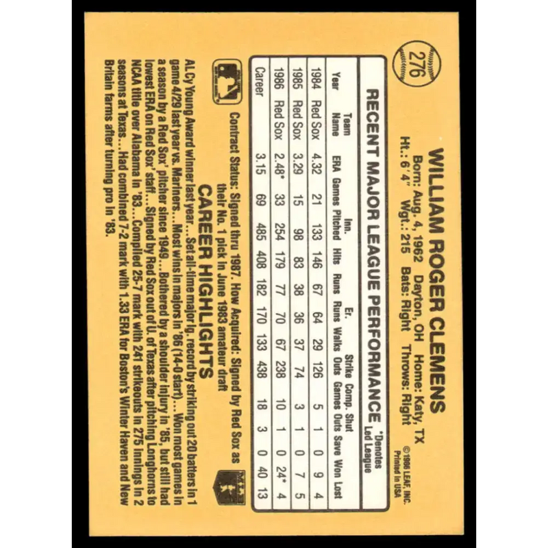 1987 Donruss #276 Roger Clemens EX/NM Boston Red Sox Baseball Card - Baseball Card Single
