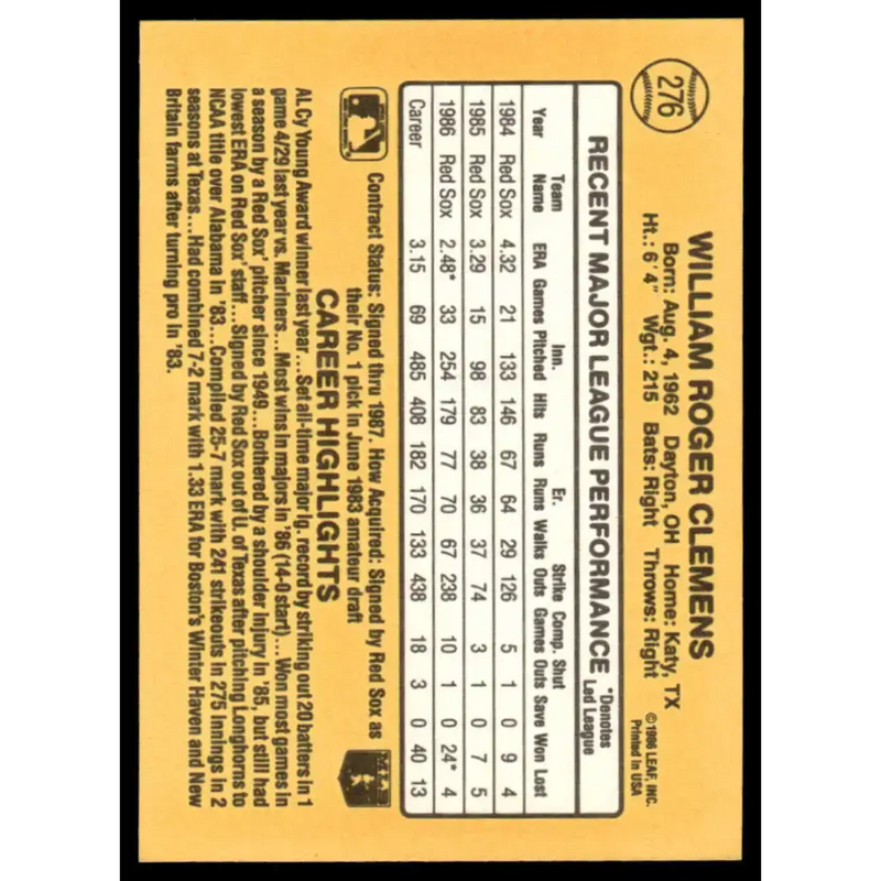 1987 Donruss #276 Roger Clemens EX/NM Boston Red Sox Baseball Card - Baseball Card Single