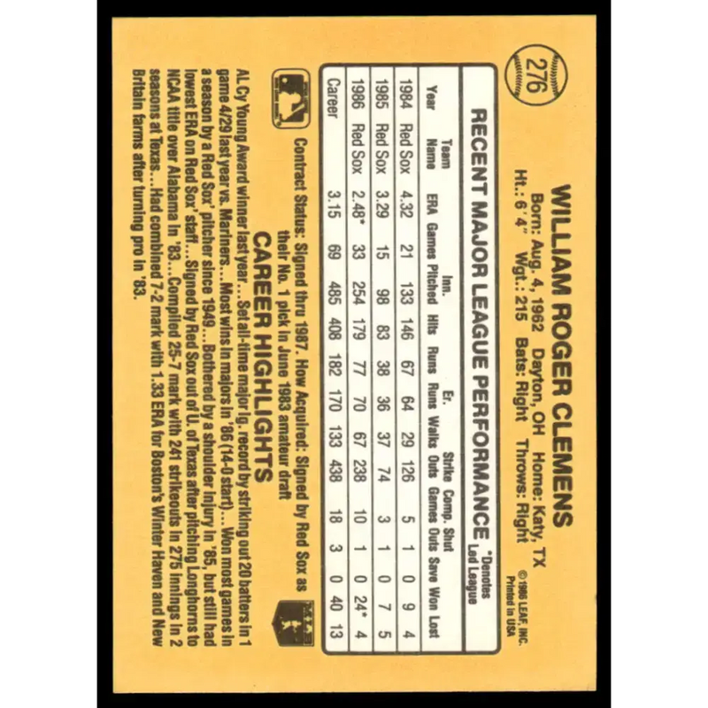 1987 Donruss #276 Roger Clemens EX/NM Boston Red Sox Baseball Card - Baseball Card Single