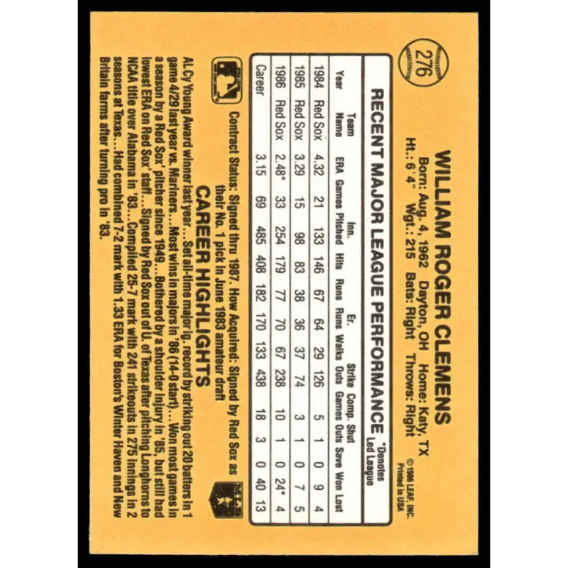 1987 Donruss #276 Roger Clemens EX/NM Boston Red Sox Baseball Card - Baseball Card Single