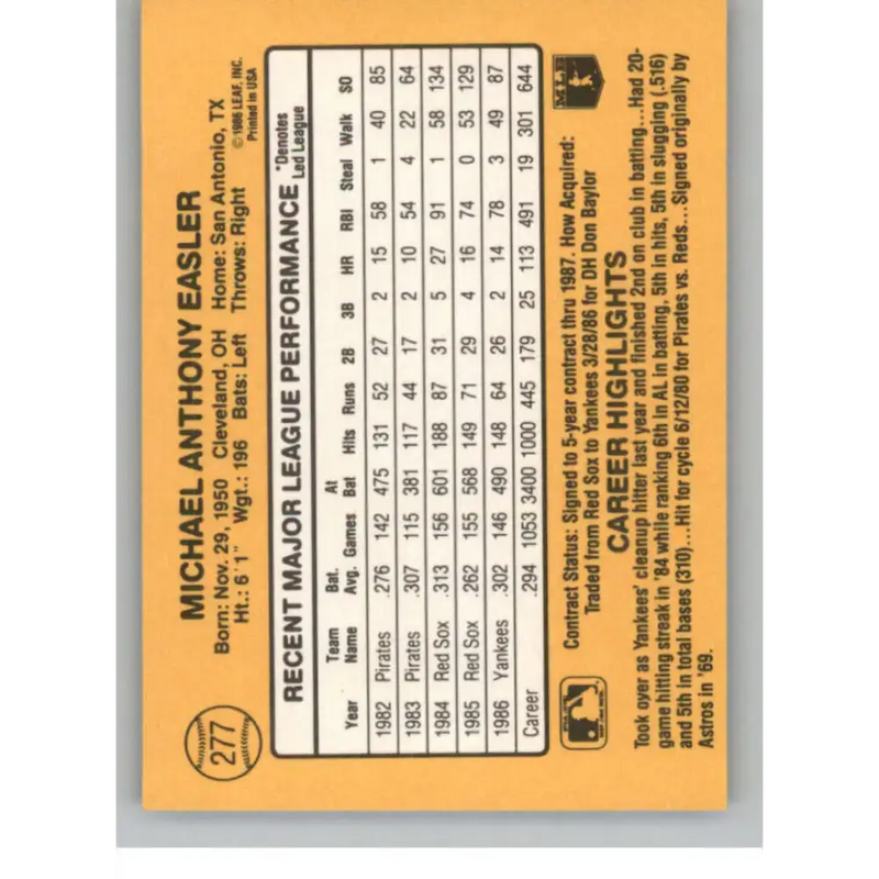 1987 Donruss #277 Mike Easler EX Excellent New York Yankees Baseball Card - Baseball Card Single