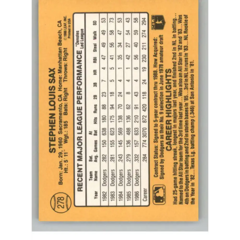 1987 Donruss #278 Steve Sax EX Excellent Los Angeles Dodgers Baseball Card - Baseball Card Single