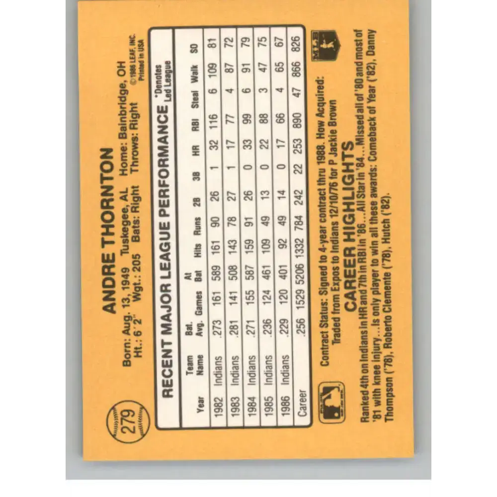 1987 Donruss #279 Andre Thornton EX Excellent Cleveland Indians Baseball Card - Baseball Card Single