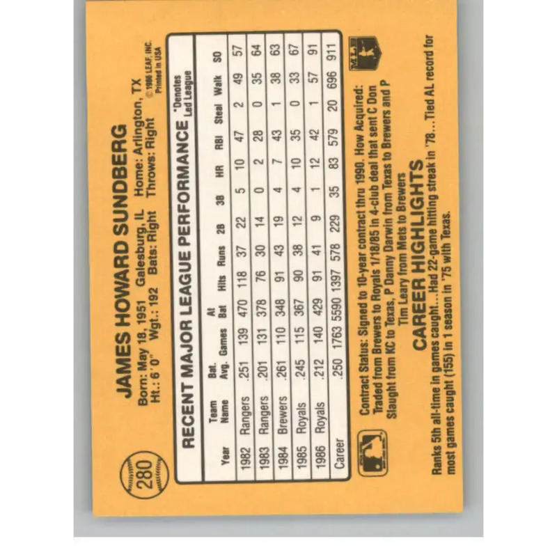 1987 Donruss #280 Jim Sundberg EX Kansas City Royals Baseball Card - Baseball Card Single