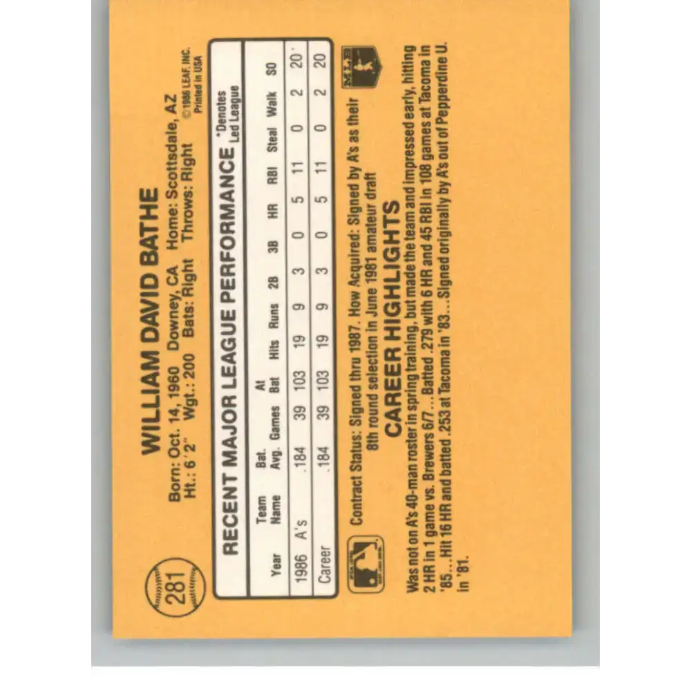 1987 Donruss #281 Bill Bathe EX Excellent RC Rookie Oakland Athletics Baseball Card - Baseball Card Single