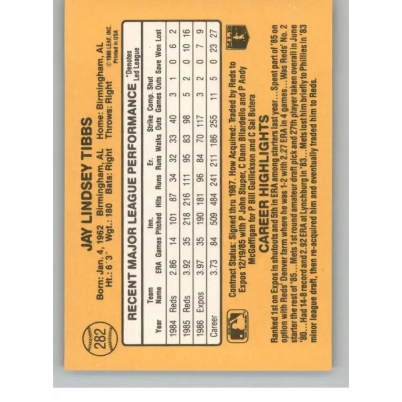 1987 Donruss #282 Jay Tibbs EX Excellent Montreal Expos Baseball Card - Baseball Card Single