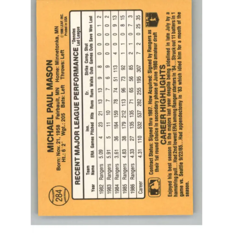 1987 Donruss #284 Mike Mason EX Texas Rangers Baseball Card - Baseball Card Single