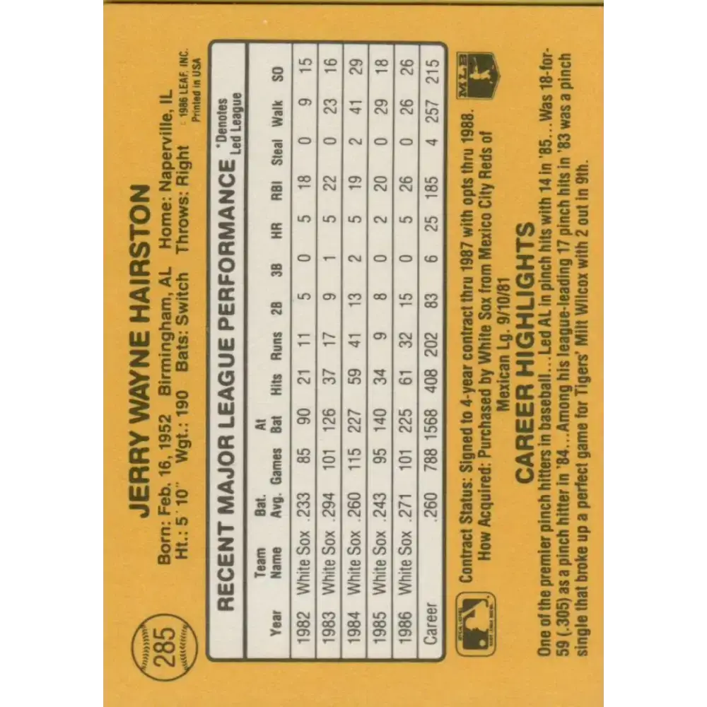 1987 Donruss #285 Jerry Hairston EX Excellent Chicago White Sox Baseball Card - Baseball Card Single