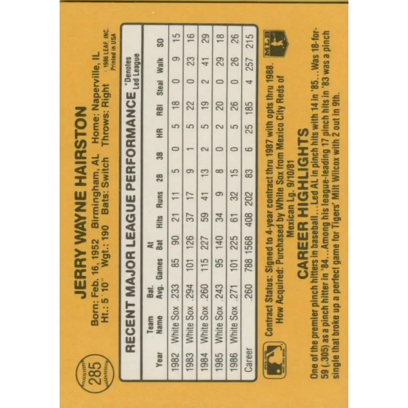 1987 Donruss #285 Jerry Hairston EX Excellent Chicago White Sox Baseball Card - Baseball Card Single
