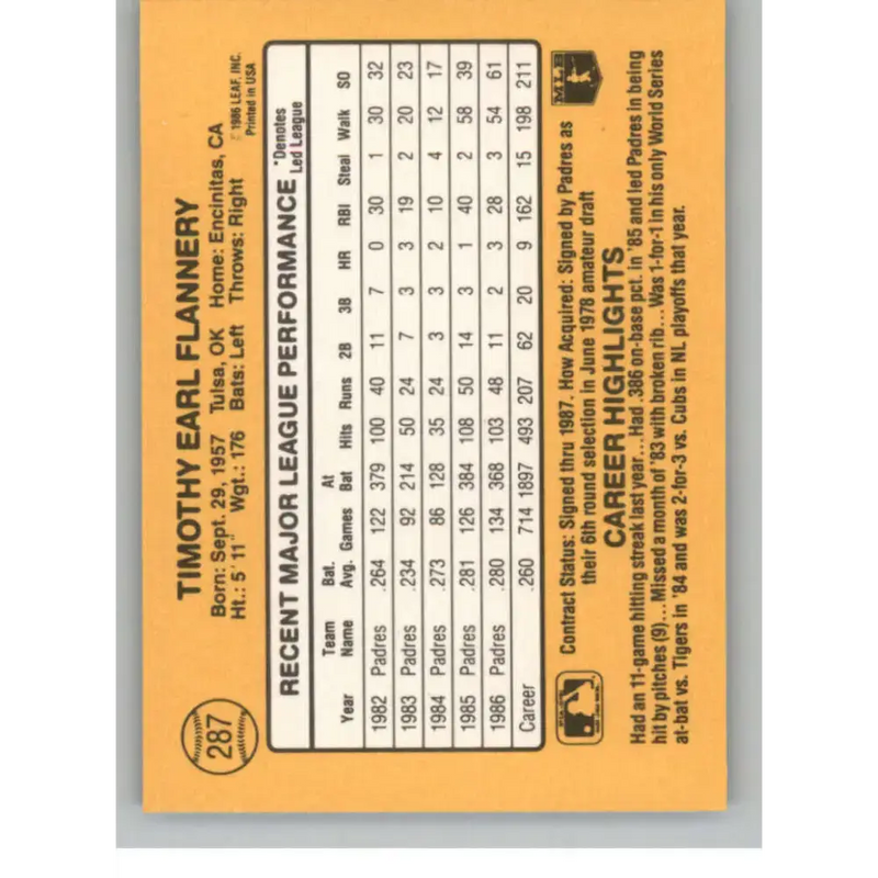 1987 Donruss #287 Tim Flannery EX Excellent San Diego Padres Baseball Card - Baseball Card Single