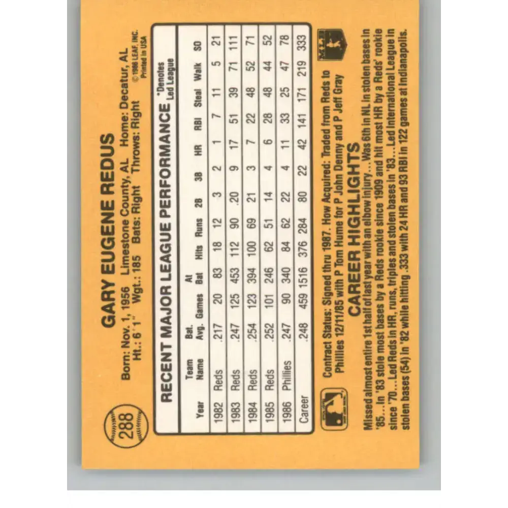 1987 Donruss #288 Gary Redus EX Excellent Philadelphia Phillies Baseball Card - Baseball Card Single