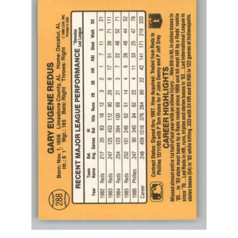1987 Donruss #288 Gary Redus EX Excellent Philadelphia Phillies Baseball Card - Baseball Card Single