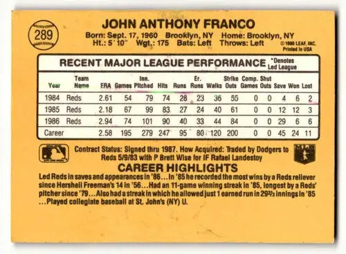 Back of 1987 Donruss John Franco Cincinnati Reds baseball card showing original gloss