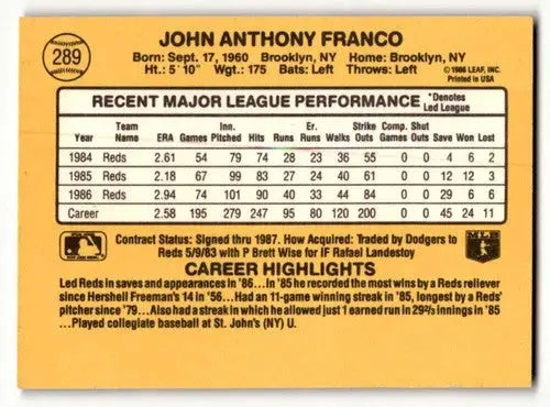 Baseball card back with original gloss of 1987 Donruss John Franco Cincinnati Reds