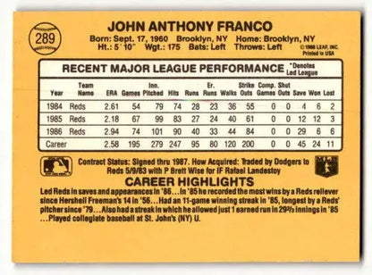 Baseball card back with original gloss of 1987 Donruss John Franco Cincinnati Reds