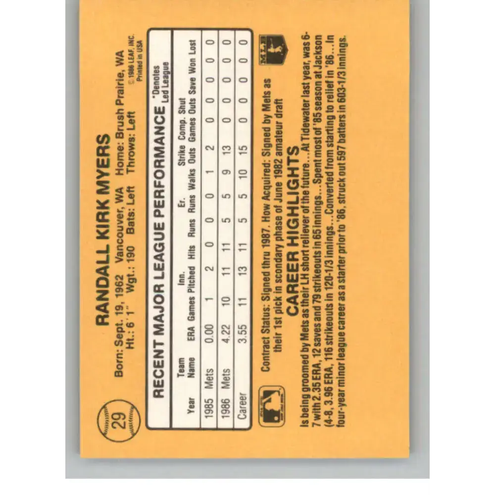 1987 Donruss #29 Randy Myers EX Excellent RC Rookie New York Mets Baseball Card - Baseball Card Single
