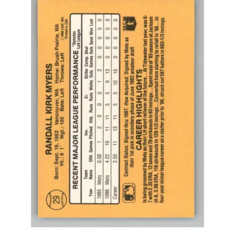 1987 Donruss #29 Randy Myers EX Excellent RC Rookie New York Mets Baseball Card - Baseball Card Single