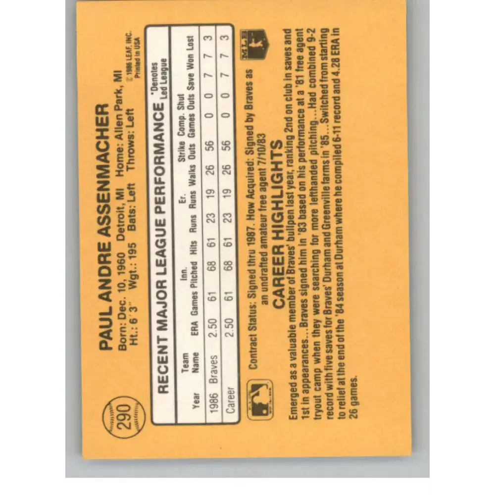 1987 Donruss #290 Paul Assenmacher EX Excellent RC Rookie Atlanta Braves Baseball Card - Baseball Card Single