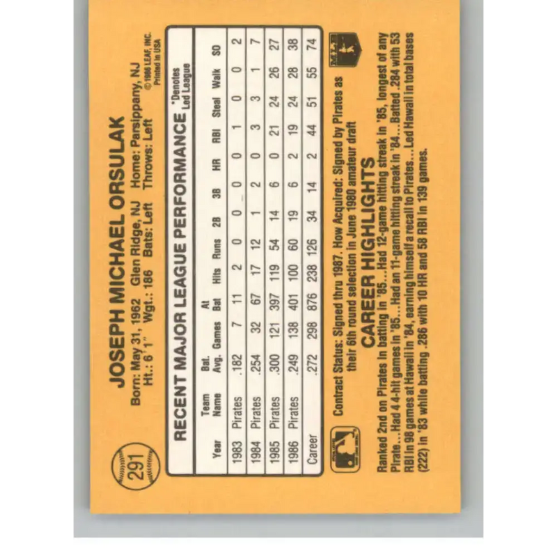 1987 Donruss #291 Joe Orsulak EX Excellent Pittsburgh Pirates Baseball Card - Baseball Card Single
