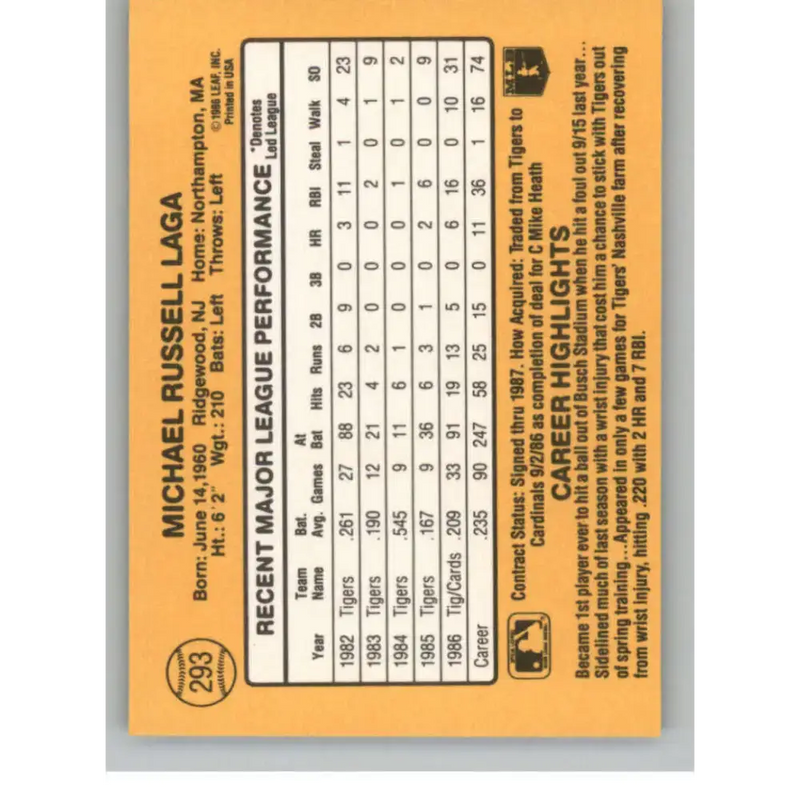 1987 Donruss #293 Mike Laga EX Excellent St. Louis Cardinals Baseball Card - Baseball Card Single