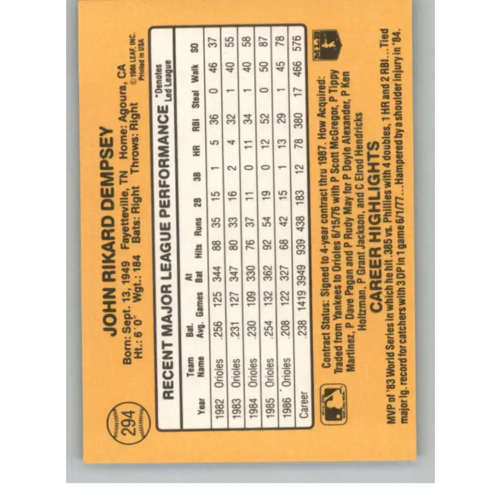 1987 Donruss #294 Rick Dempsey EX Excellent Baltimore Orioles Baseball Card - Baseball Card Single