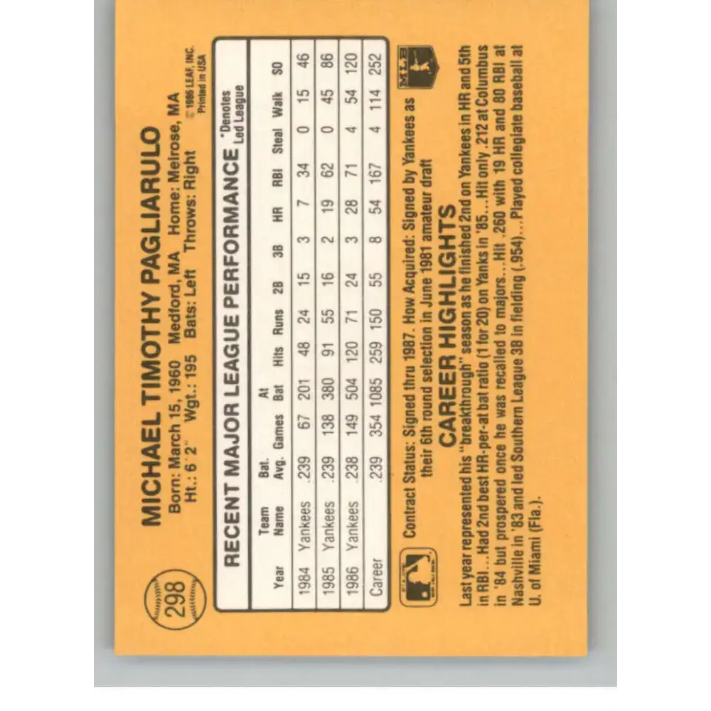1987 Donruss #298 Mike Pagliarulo EX Excellent New York Yankees Baseball Card - Baseball Card Single