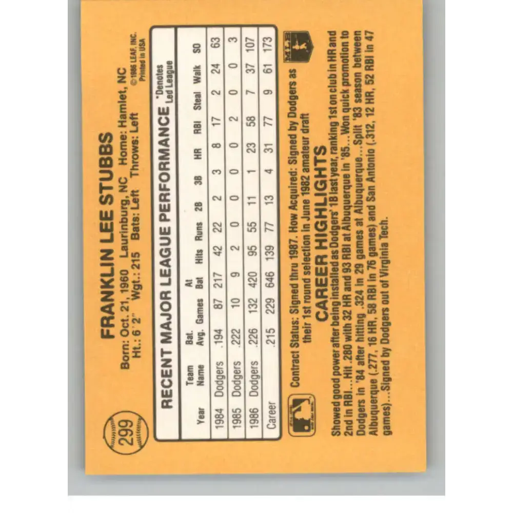 1987 Donruss #299 Franklin Stubbs EX Excellent Los Angeles Dodgers Baseball Card