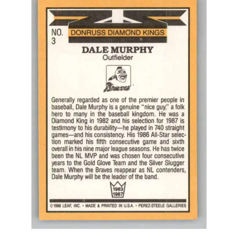 1987 Donruss #3 Dale Murphy EX Excellent Atlanta Braves Baseball Card - Baseball Card Single