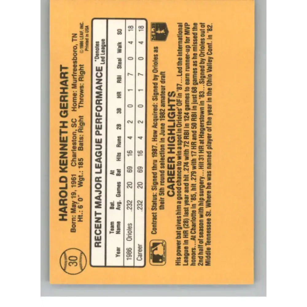 1987 Donruss #30 Ken Gerhart EX Excellent RC Rookie Baltimore Orioles Baseball Card - Baseball Card Single