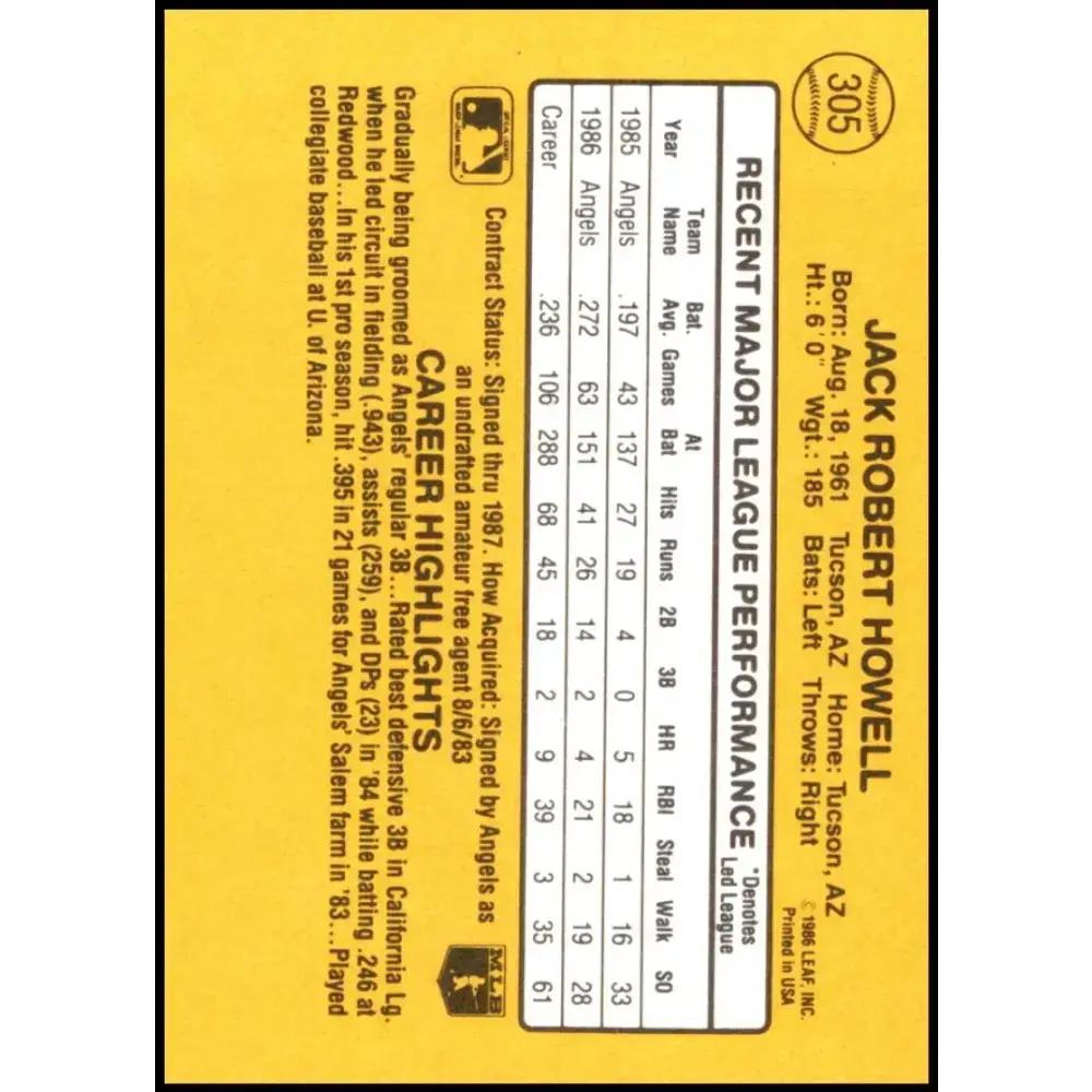 1987 Donruss #305 Jack Howell EX Excellent California Angels Baseball Card - Baseball Card Single
